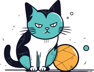 Cute cat with ball. Vector illustration in flat linear style.
