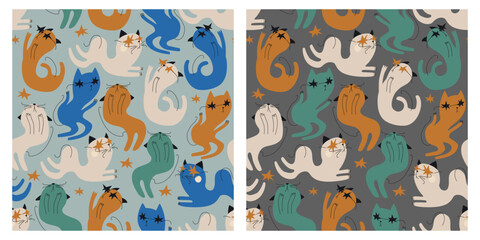Retro funny disco cats in space. Vector set of seamless patterns perfect for nursery design. 