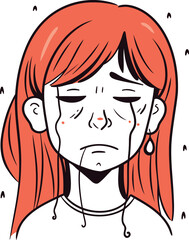 Illustration of a girl with red hair crying. Vector illustration.