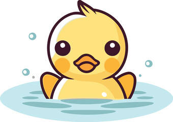 Cute little duck in water. Vector flat cartoon character illustration.