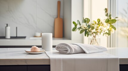 Fototapeta na wymiar a kitchen towel placed elegantly on an empty marble countertop within a bright interior designed in a modern minimalist style, the simplicity and elegance of the scene.