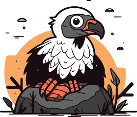 Vector illustration of a vulture sitting on a rock. Cartoon style.