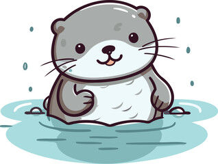 Cute cartoon otter swimming in the water. Vector illustration.