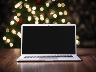 AI generation. An open laptop stands on a table near the New Year tree. Black