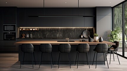 a beautiful coffee cup strategically placed on an island or table countertop in a modern home kitchen, the detail of the dark grey kitchen design,