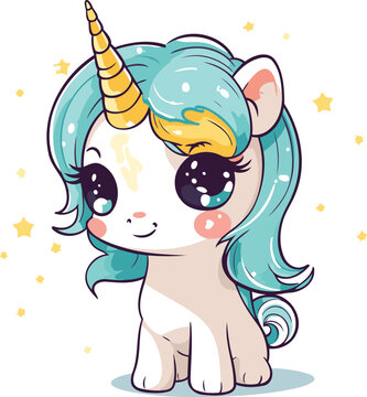 Cute cartoon unicorn with blue hair and stars. Vector illustration.