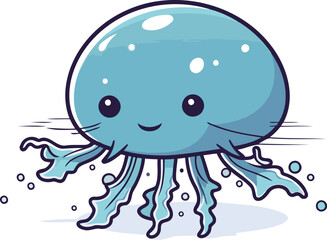 Cute blue jellyfish. Vector illustration isolated on white background.