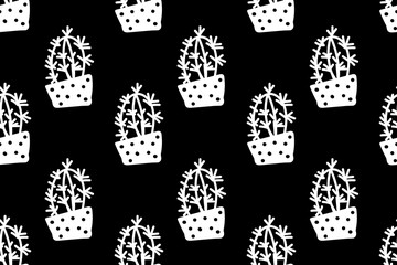 Cute cactus plant in the pot . Chalk, chalkboard. Black and white. Home. Nature. Flower shop. Cartoon doodle.