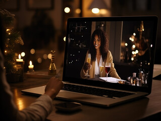 AI generation. Video call on Christmas Day. Online holiday, remote celebration