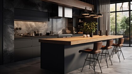 a beautiful coffee cup strategically placed on an island or table countertop in a modern home kitchen, the detail of the dark grey kitchen design,