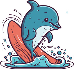 Dolphin jumping on surfboard. Vector illustration in cartoon style.