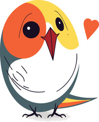 Cute cartoon bird with a heart on its beak. Vector illustration.