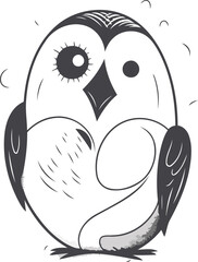 Black and white vector illustration of cute cartoon owl isolated on white background