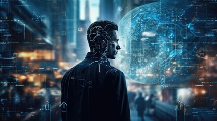 the concept where humans and artificial intelligence collaborate to solve problems, a person using intelligent AI technology to enter command prompts, enabling AI to assist in their work.