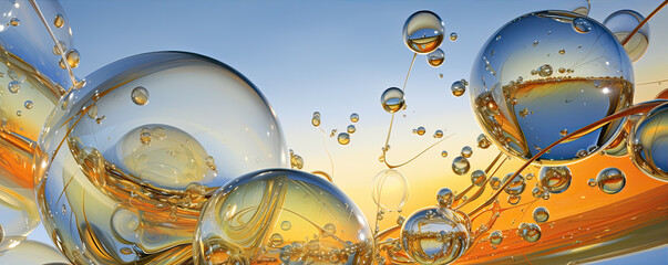 Oil bubbles of yellow and green colour of fresh olive oil. Macro photo.