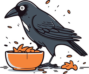 Crow and bowl of food. Vector illustration in doodle style.