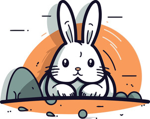 Vector illustration of cute cartoon rabbit sitting on ground in flat style.