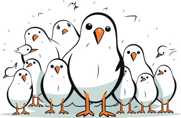 Vector illustration of a group of white birds. Hand drawn cartoon style.