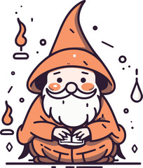 Cute gnome sitting in a pot with a candle. Vector illustration.