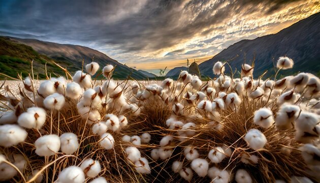 Cr&eacute;puscule sur le Champ de Coton: Douceur Naturelle sous un Ciel Dramatique