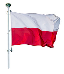 Polish flag attached to a flagpole on an isolated background.