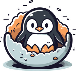 Cute cartoon penguin in egg. Vector illustration on white background.