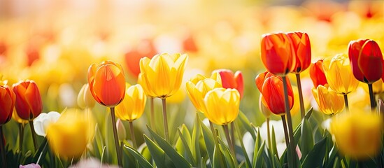 The springtime lawn displays vibrant blossoming tulips that are bright yellow and red