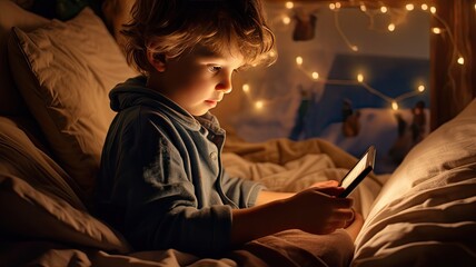 a cute little boy's with a smartphone while lying on a bed during his free time, the child's smiling face as he engages with the technology
