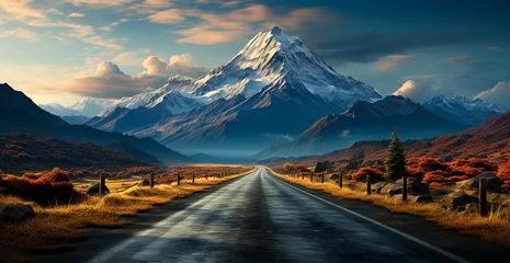 Poster Asphalt road stretching into the distance, mountain snowy landscape - AI generated image © BEMPhoto