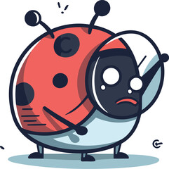 Cartoon ladybug with sad face. Cute vector illustration.