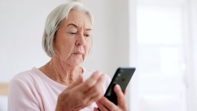 Old woman, internet and phone for medicine in home for research of medication. Elderly person, looking and bottle of pills for information with technology, cellular or network in bedroom for health