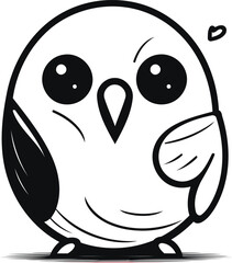 Cute cartoon bird isolated on white background. Black and white vector illustration.