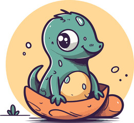 Cute cartoon crocodile sitting in egg basket. Vector illustration.