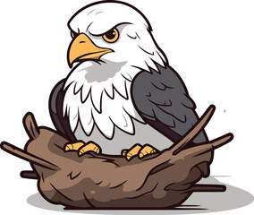Eagle sitting in the nest. Cartoon style. Vector illustration.