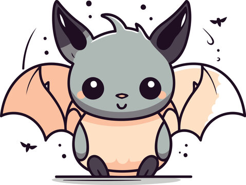 Cute cartoon bat with wings. Vector illustration on white background.