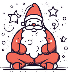 Santa Claus sitting in lotus pose. Vector line art illustration.