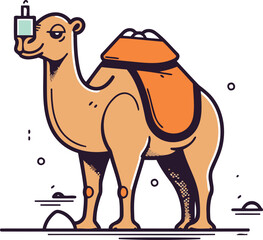 Camel with a smartphone. Vector illustration in thin line style.