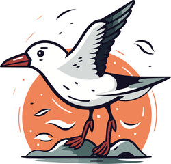 Vector illustration of a seagull on the rocks. Cartoon style.