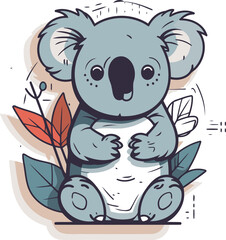 Cute cartoon koala with leaves. Hand drawn vector illustration.