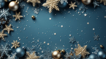 Christmas background template top view with copy space blue silver color. AI generative