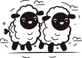 Black and white vector illustration of cute cartoon sheeps in the sky
