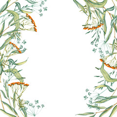 Fototapeta premium Watercolor frame of bouquet meadow leaves and yellow tansy, flowers, branches and wild dry grass. Evergreen grass field in nature, meadow in springtime. Summer botany, natural elements. Natural green 