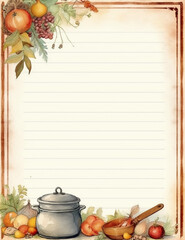 Christmas dinner watercolour vintage blank pages, autumn border and frames cooking recipe card. AI generative