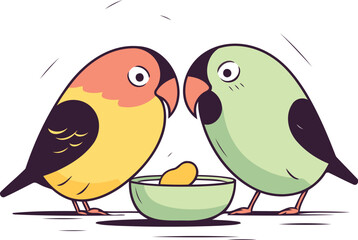 Two cute parrots eating food from a bowl. Vector illustration.