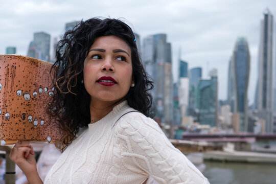 confident business woman looking up to the bright future of her career opportunities. Job, work aspirational banner panorama background. Businesspeople lifestyle