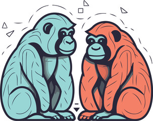 Gorilla and monkey. Vector illustration in line art style.