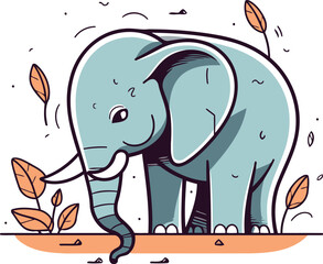 Vector illustration of an elephant standing on the ground and eating leaves.
