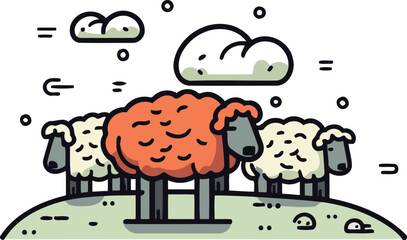 Sheep in the field. Vector illustration in line art style.