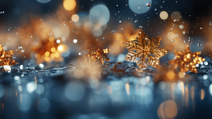 Christmas or New Year abstract magic lights background, bright snowflakes bokeh on dark as winter holiday backdrop. AI generative