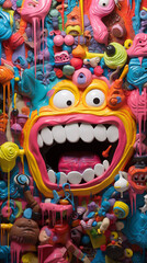 Toy Plastic Creepy Monster Face with Big Teeth Scary Pink